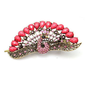 Antique Brass Finish Rhinestone Peacock Hinged Claw Hair Clip Stick Colorful